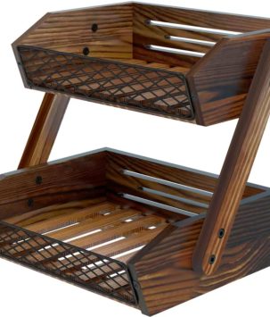 Dorhors Fruit Basket for Kitchen, 2 Tier Fruit Bowl,Kitchen Counter Organizer,Wooden Vegetable Holder for Countertop,Bread Storage Basket Stand
