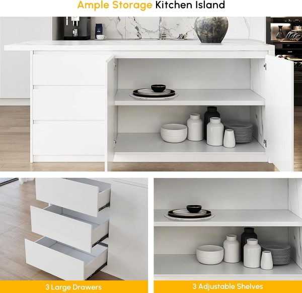 homary 72" Kitchen Island with Storage Kitchen Cabinet Marble Veneered Top Large Island Table with Seating - Image 3