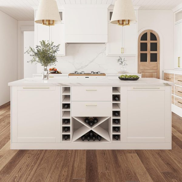 homary 72" Modern White Melamine Kitchen Island with Wine Storage & Seating Space, Sturdy Board Dining Table with Extra Storage for Home