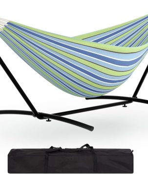 Instant-Setup 2-Person Hammock with Reinforced Steel Frame – Portable Outdoor Lounger for Garden, Camping & Beach (450lb Capacity + Quick-Fold Carry Bag),Blue-Green Stripes