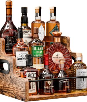 KLM Liquor Bottle Display Shelf, Coffee Syrup Rack Organizer, 3 Step Countertop Wine Rack, Mini Bar, Retro Bar Shelf Stand for Whiskey, Spirits