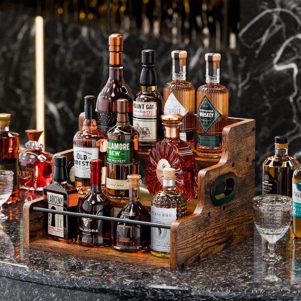KLM Liquor Bottle Display Shelf, Coffee Syrup Rack Organizer, 3 Step Countertop Wine Rack, Mini Bar, Retro Bar Shelf Stand for Whiskey, Spirits - Image 2