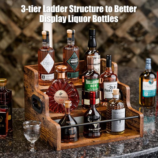 KLM Liquor Bottle Display Shelf, Coffee Syrup Rack Organizer, 3 Step Countertop Wine Rack, Mini Bar, Retro Bar Shelf Stand for Whiskey, Spirits - Image 5