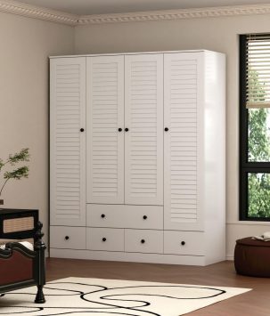 MOUMON 4 Shutter Door Wardrobe Armoire Closet with Shelves and Drawers, Armoire Wardrobe Closet with 2 Hanging Rods, for Bedroom White (59”W x 19”D x 70.9”H)