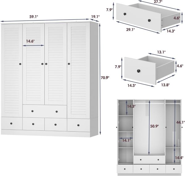 MOUMON 4 Shutter Door Wardrobe Armoire Closet with Shelves and Drawers, Armoire Wardrobe Closet with 2 Hanging Rods, for Bedroom White (59”W x 19”D x 70.9”H) - Image 2