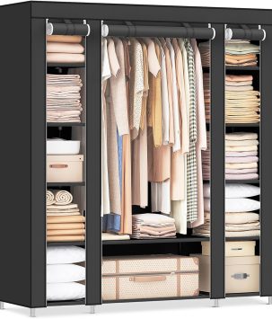 SONGMICS Closet Wardrobe, Portable Closet for Bedroom, Clothes Rail with Non-Woven Fabric Cover, Clothes Storage Organizer, 59 x 17.7 x 69 Inches, 12 Compartments, Black ULSF03H